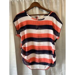 Agaci Womens Coral Navy Blue White Striped Chiffon Blouse Cap Sleeve  USA Made